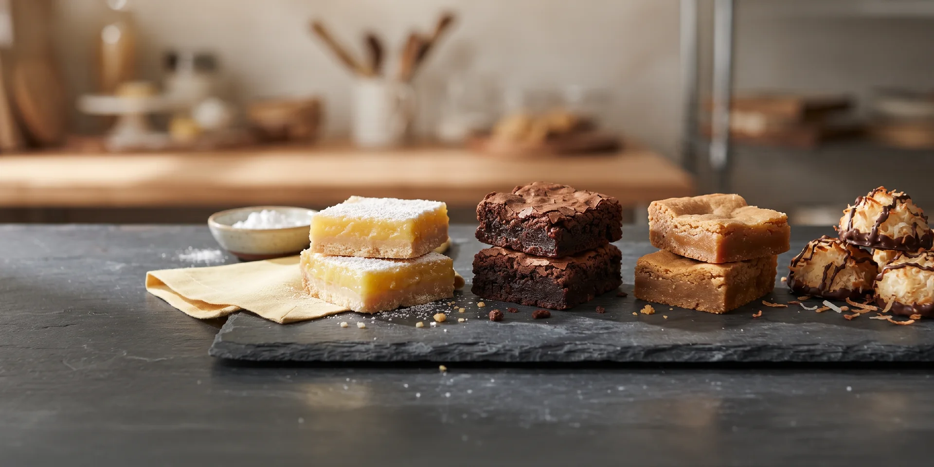 Assorted dessert bars, brownies, blondies, and chocolate-dipped coconut macaroons.