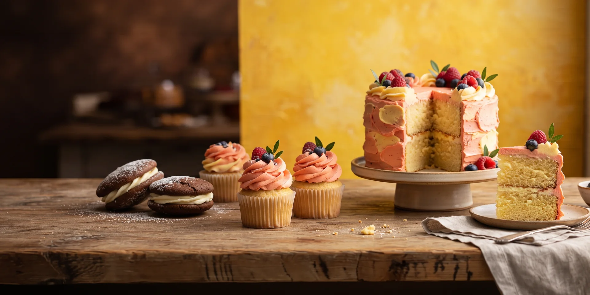 Layer cake, decorated cupcakes, whoopie pies, and a plated slice of cake.