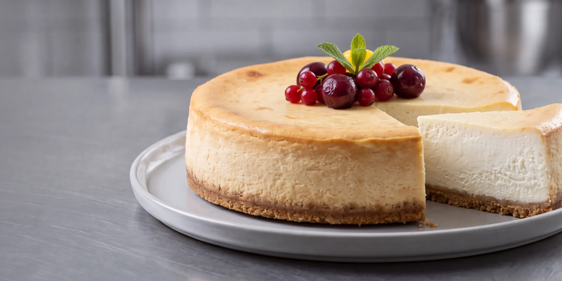 A plain cheesecake topped with red berries in a commercial-style kitchen.