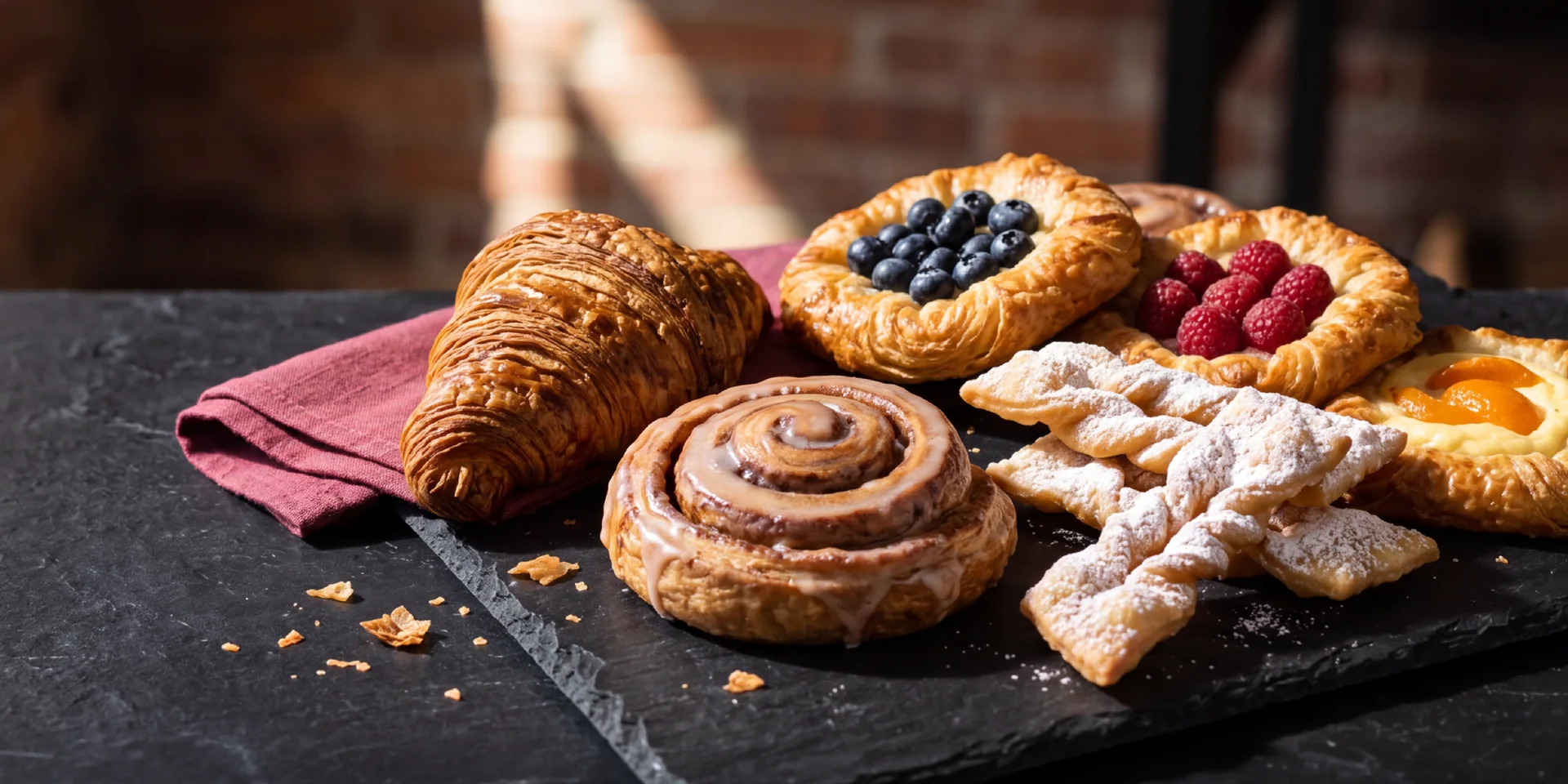 Croissant, cinnamon roll, fruit danishes, and powdered angel-wing pastries on a dark serving board.