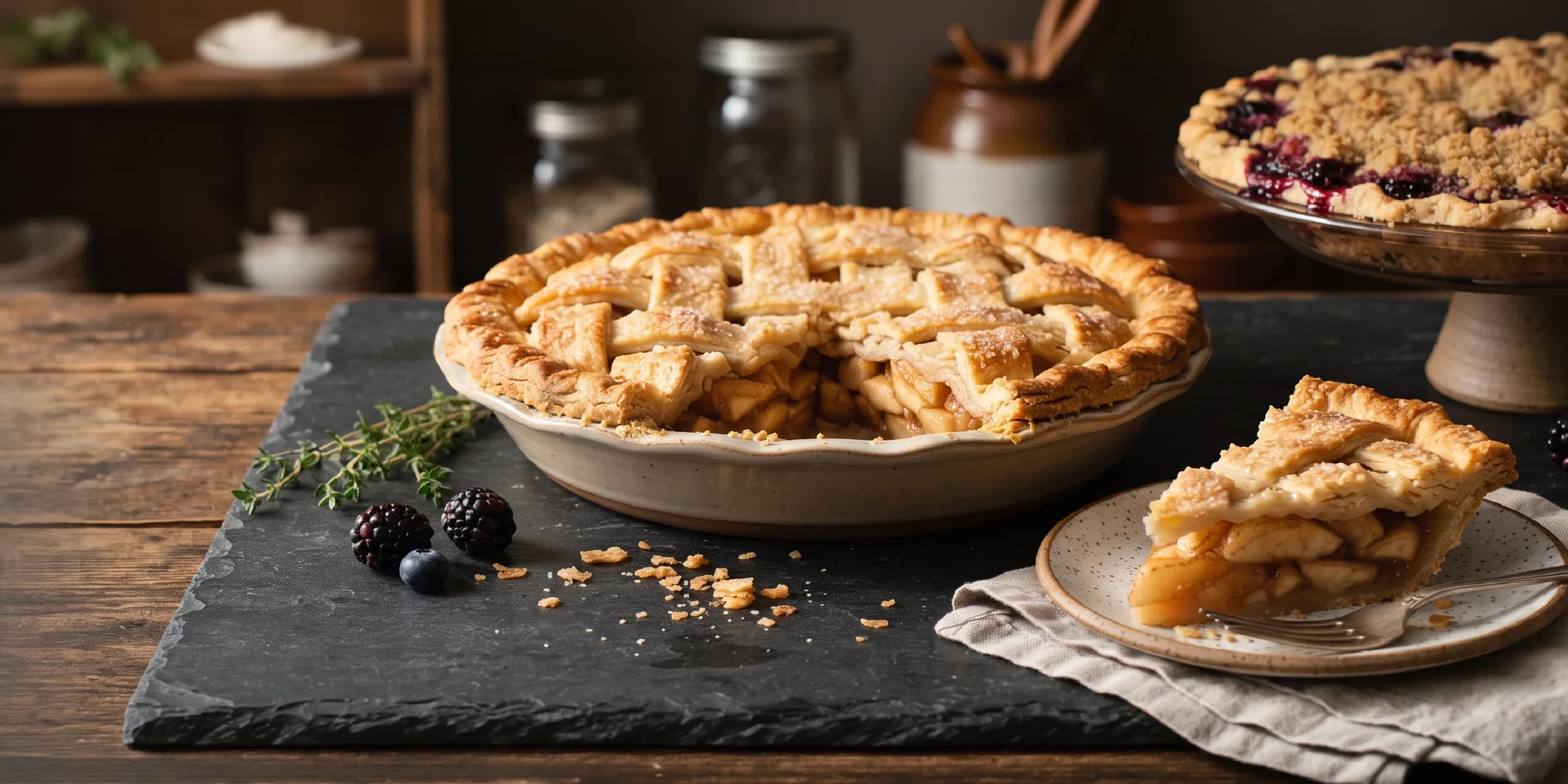 Lattice-topped apple pie, a berry crumble pie, and a plated slice on a rustic bakery table.